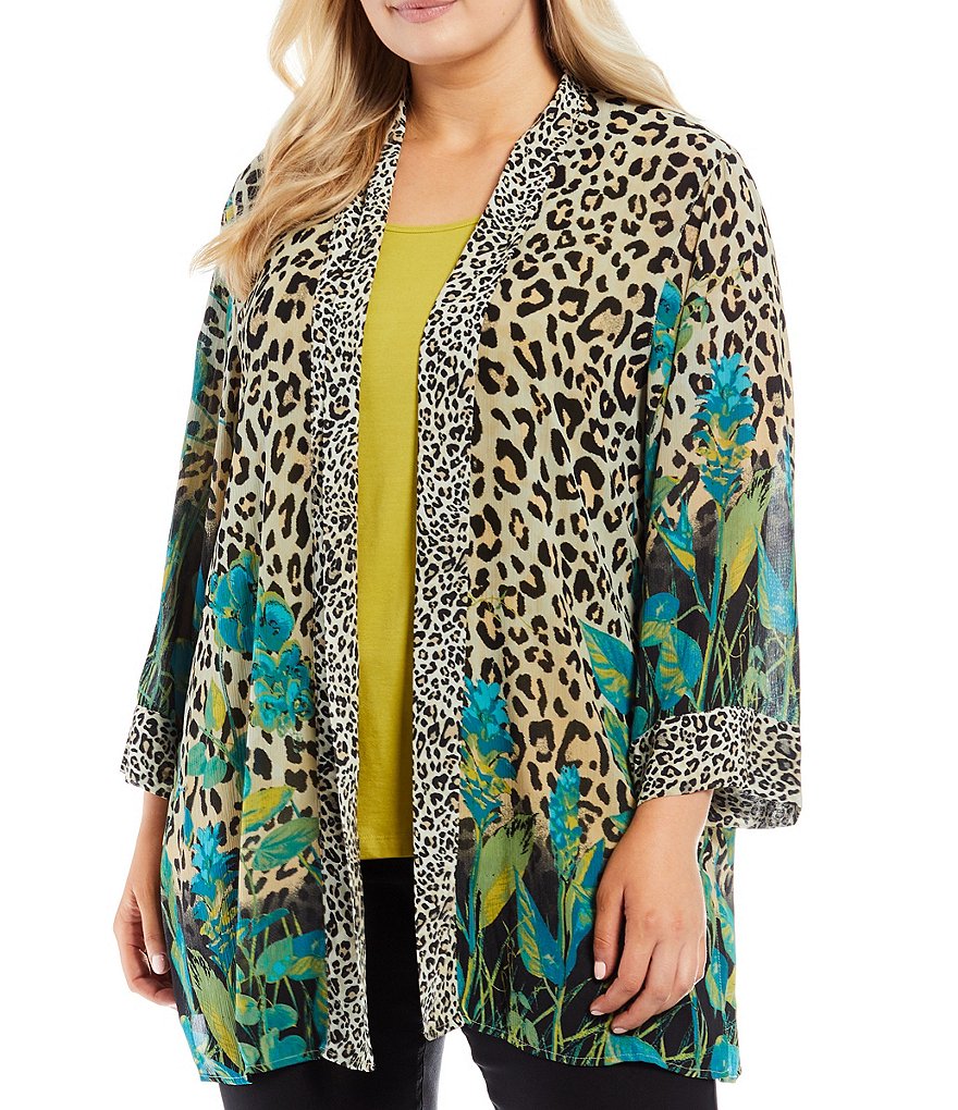 Multiples Plus size Cheetah-Leaves Print Shawl Collar 3/4 Sleeve Open-Front Kimono Jacket
