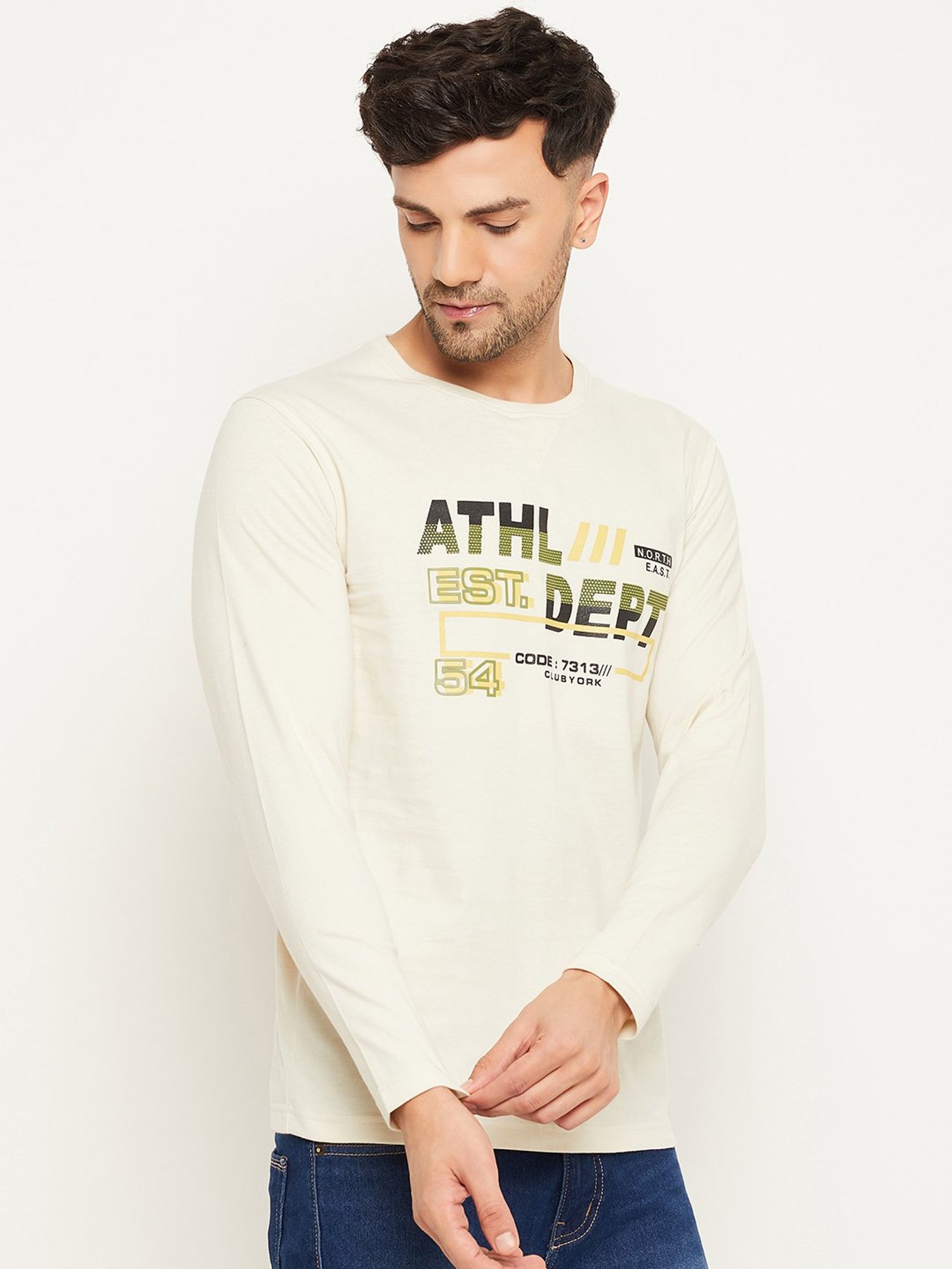 Club York Off White Regular Fit Printed Crew T-Shirt