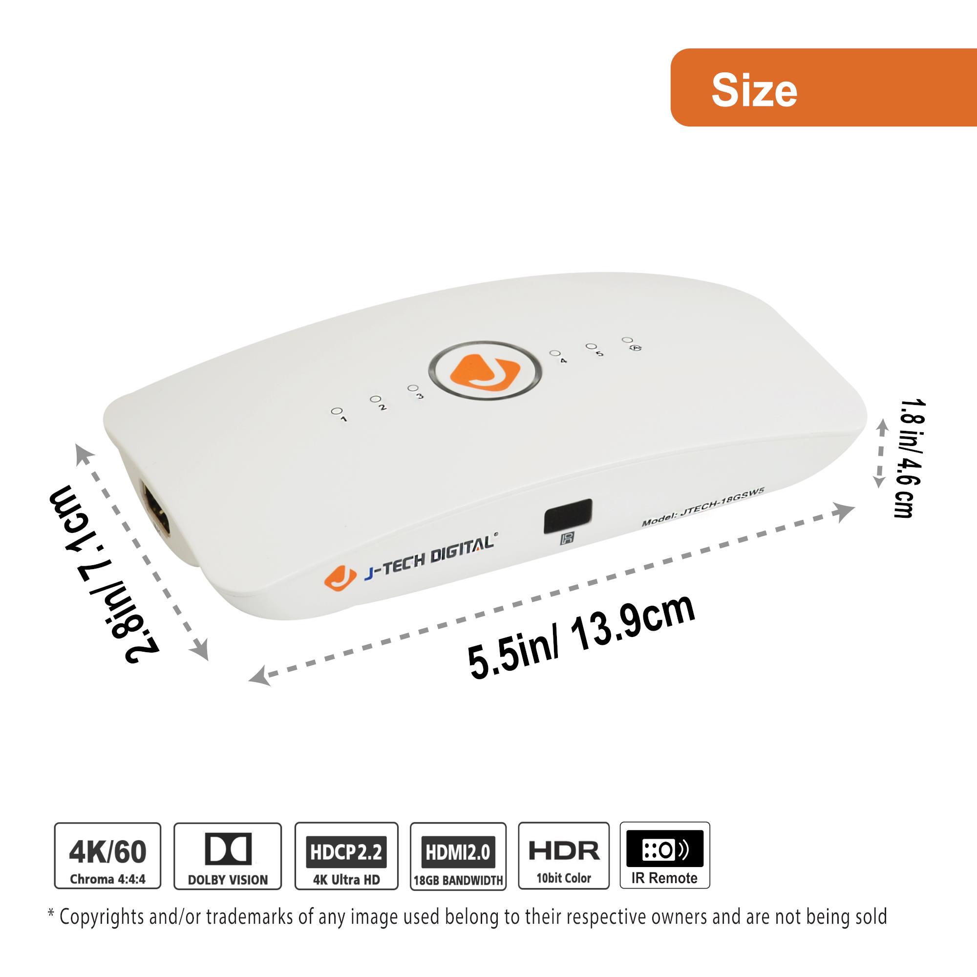 J-Tech Digital HDMI Switch 5X1 HDMI2.0 4K@60Hz, HDCP 2.2, HDR, Dolby Vision, YUV 4:4:4 with remote control and auto-switching function with Control4 Driver Available [JTECH-18GSW5]
