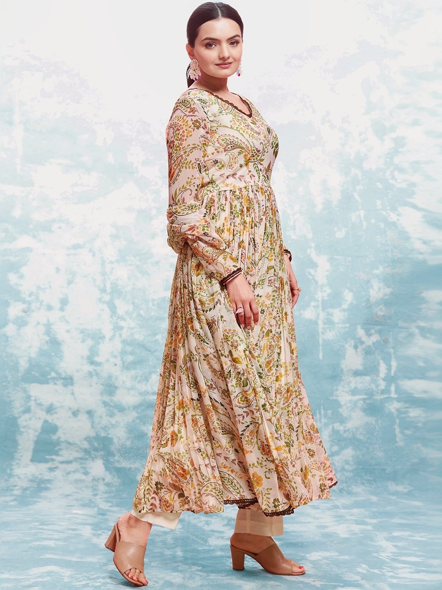 Odette Beige Printed Kurta Pant Set With Dupatta