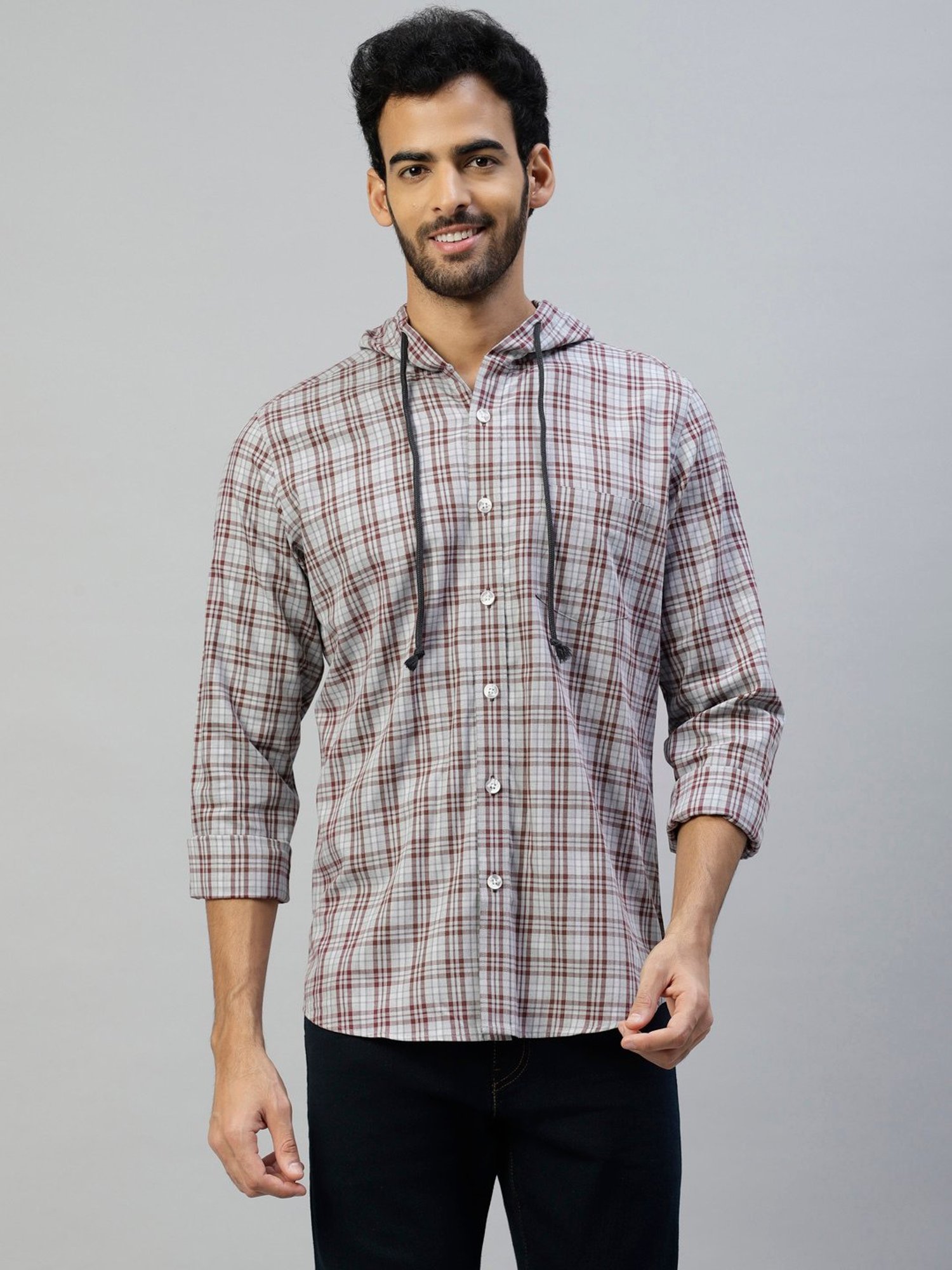 Don Vino Grey & Brown Regular Fit Check Cotton Hooded Shirt