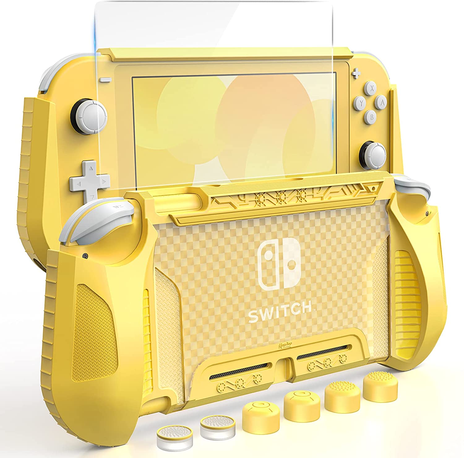 HEYSTOP Case Compatible with Nintendo Switch Lite, with Tempered Glass Screen Protector and 6 Thumb Grip, TPU Protective Cover for Switch Lite with Anti-Scratch/Anti-Dust (Yellow)