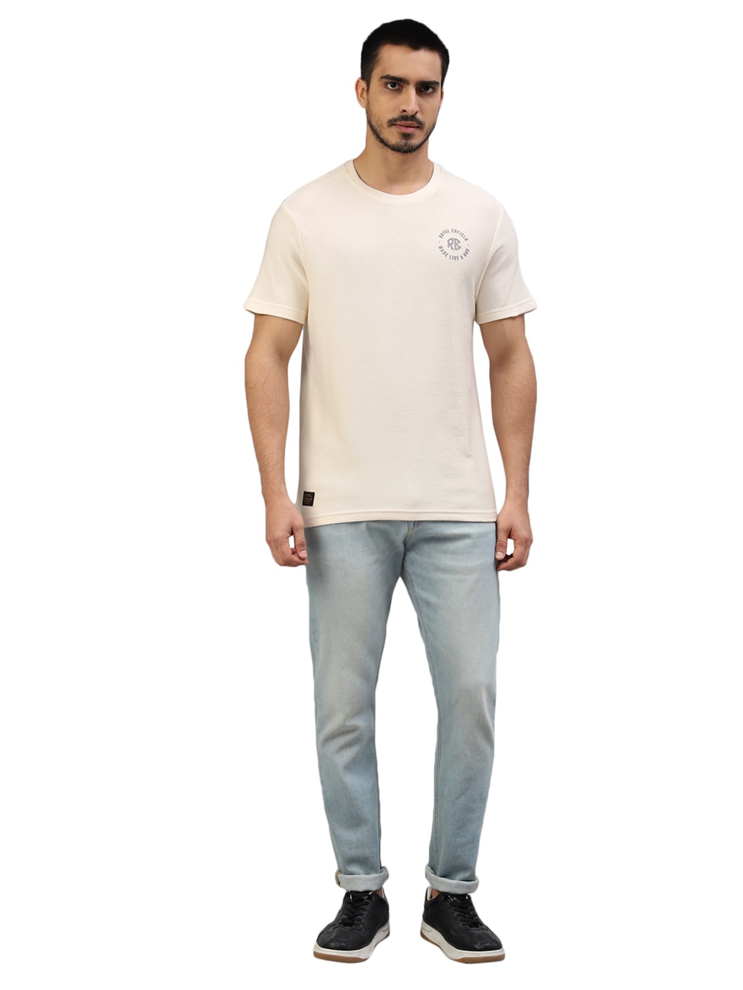 Royal Enfield MLG Classic Off White Regular Fit Logo Print Crew T-Shirt