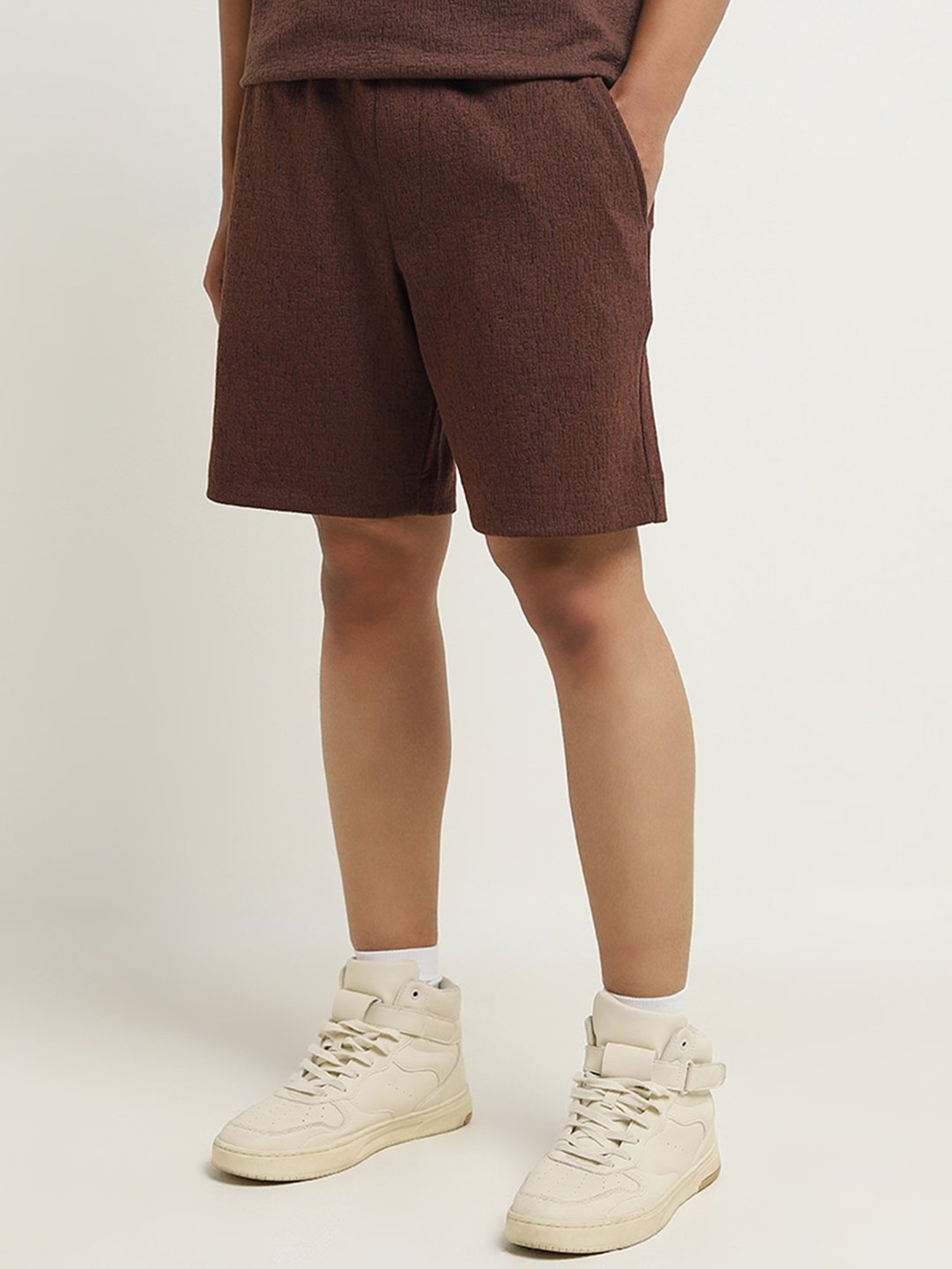 Studiofit by Westside Dark Brown Textured Relaxed-Fit Mid-Rise Shorts