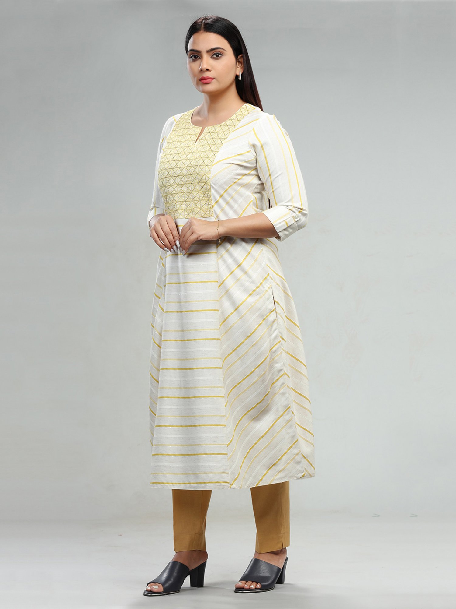 Cotton Culture Cream & Yellow Embroidered A Line Kurta