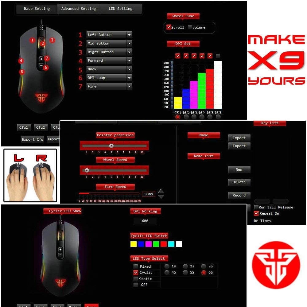 Fantech Basic Wired Gaming Mouse X9 RGB 7 Macro Buttons Programmable True 4800 DPI Claw Grip Comfort Beginner Gaming Mouse for Window PC Black