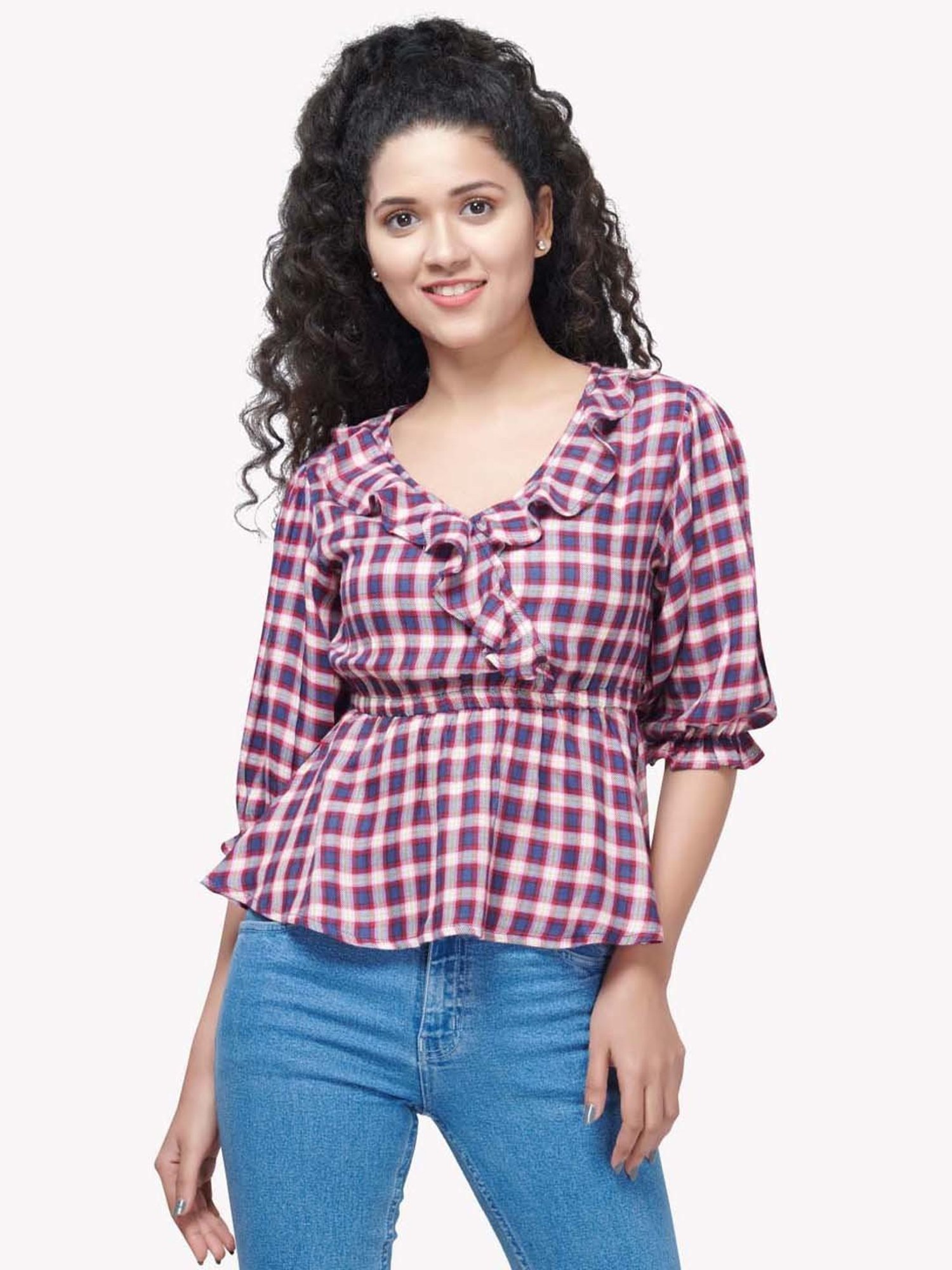 VASTRADO Navy & Red Cotton Chequered Top