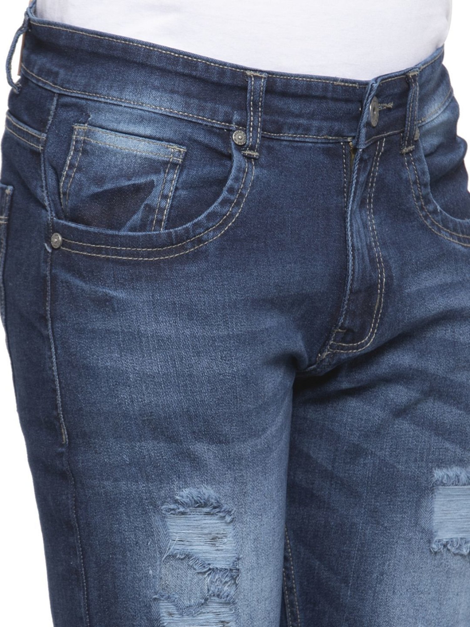 Allen Cooper Blue Regular Fit Distressed Jeans