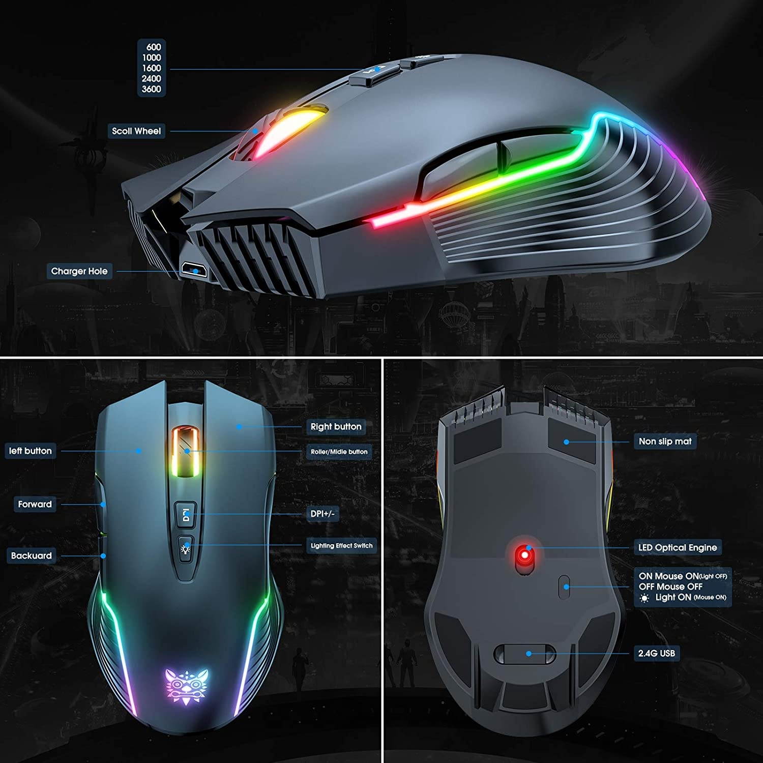 ONIKUMA RGB Wireless Gaming Mouse Rechargeable Computer Mice with RGB Backlit 5 Adjustable DPI Up to 3600 Ergonomic Laptop PC Mouse with 7 Buttons (Not Programmable) for Windows Vista Linux Black