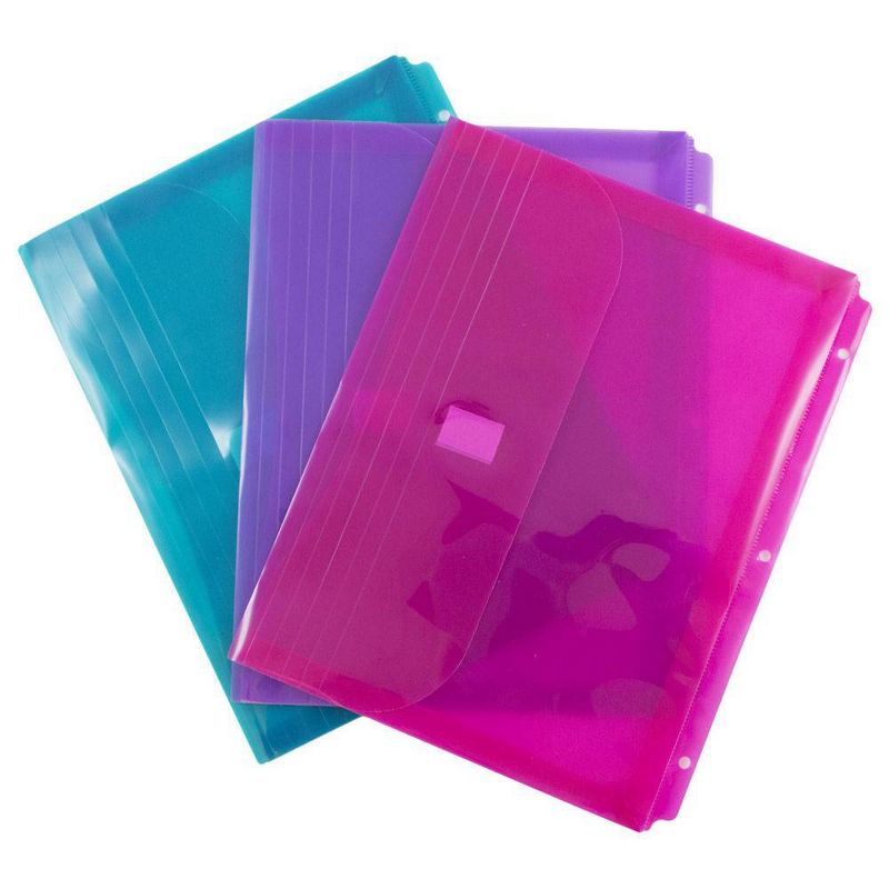 JAM Paper 8 5/8'' x 11 1/2'' 6pk Plastic 3 Hole Punch Binder Envelopes, Hook & Loop Closure, 1" Expansion - Multicolor
