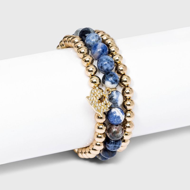 Beloved + Inspired Gold Jade with Lotus Charm Trio Stretch Beaded Bracelet Set - Jade