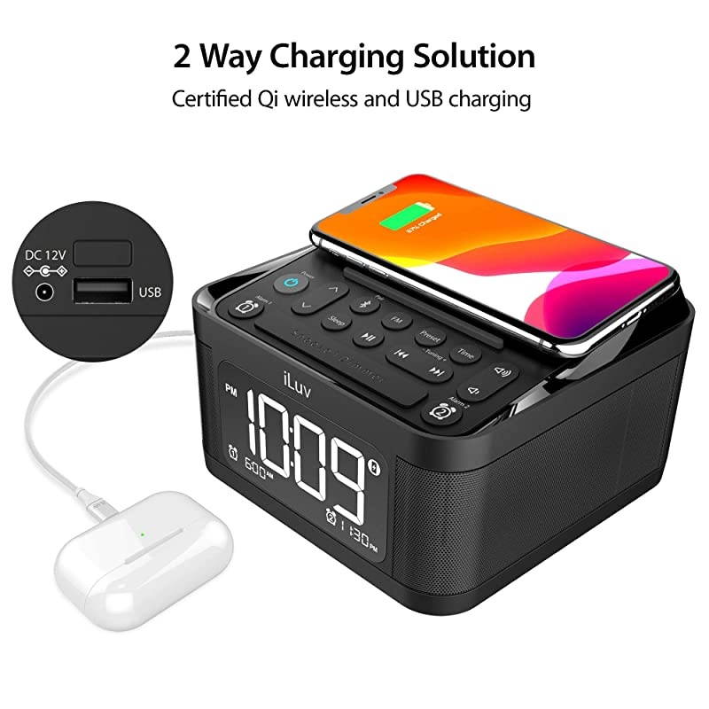 Time Shaker 6Q Wow QiCertified Fast 7510W Wireless Charging Alarm Clock with Vibration Shaker Dual Alarm Bluetooth Speakers FM Radio Sleep Timer 10Level Dimmer USB Charging Port