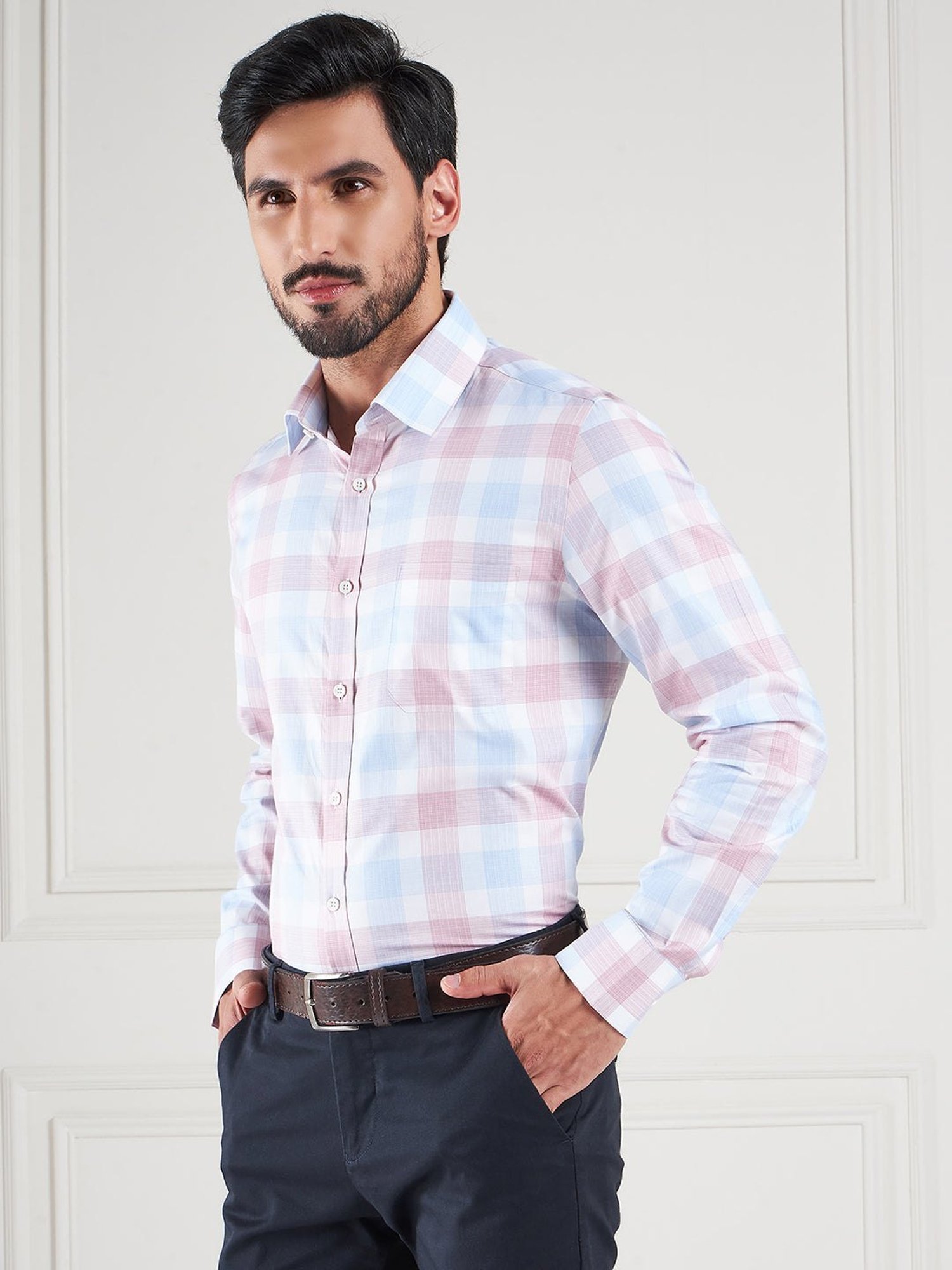 Louis Stitch Pink Cotton Regular Fit Checks Shirt