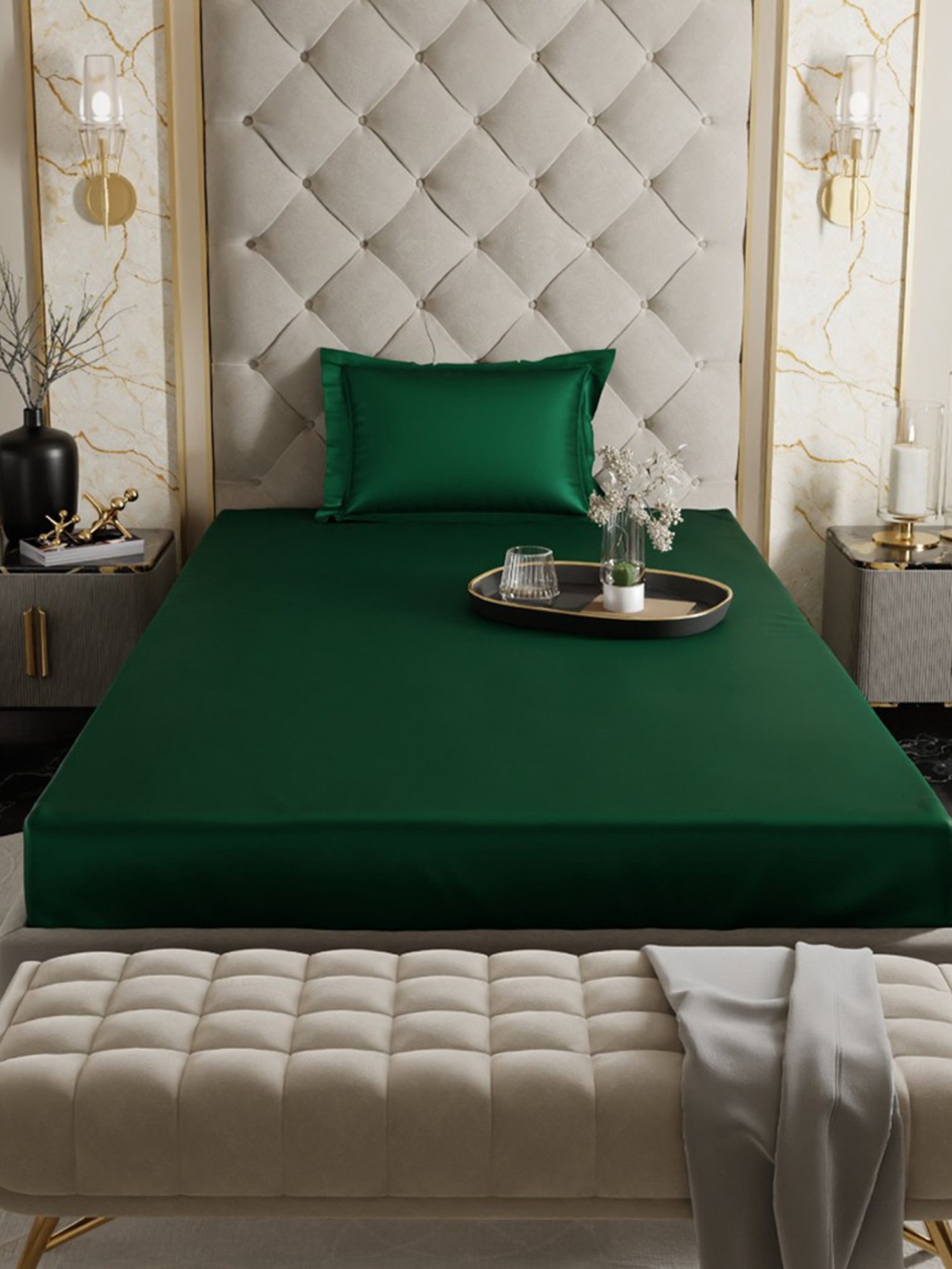 Stoa Paris Dark Green 300 TC Polyester Single Fitted Sheet with 1 Pillow Cover