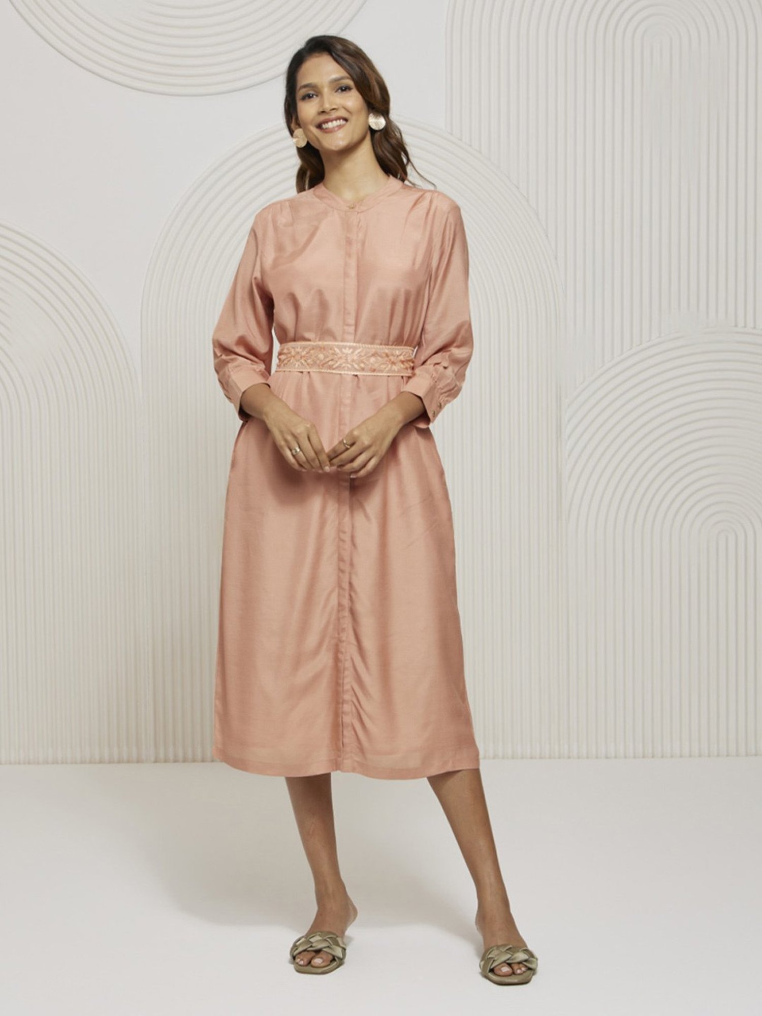 Artagai Salmon Pink Shift Dress with Embroidered Belt