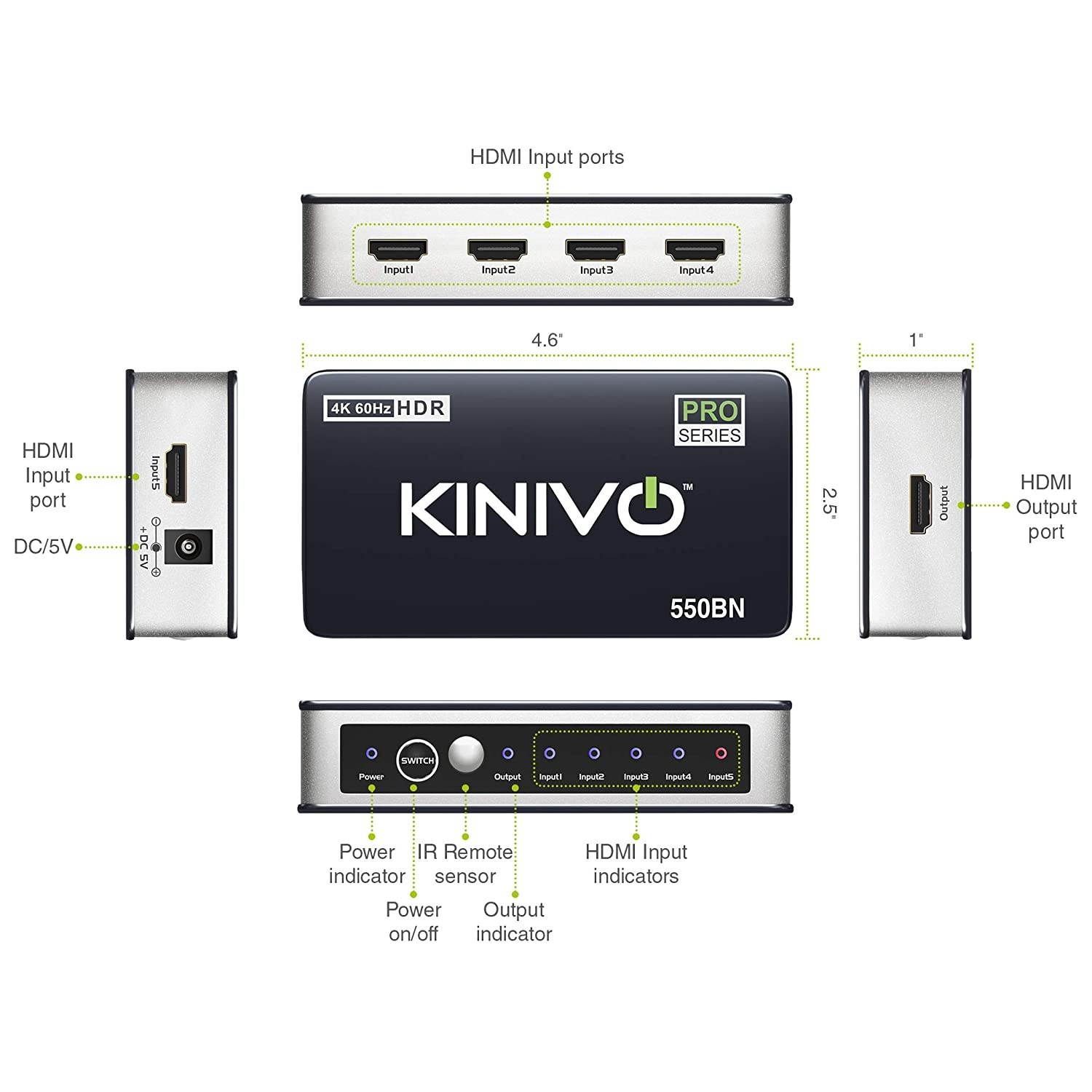 Kinivo 550BN 4K HDMI Switch with IR Wireless Remote (5 Port, 4K 60Hz HDR, High Speed-18Gbps, Auto-Switching)