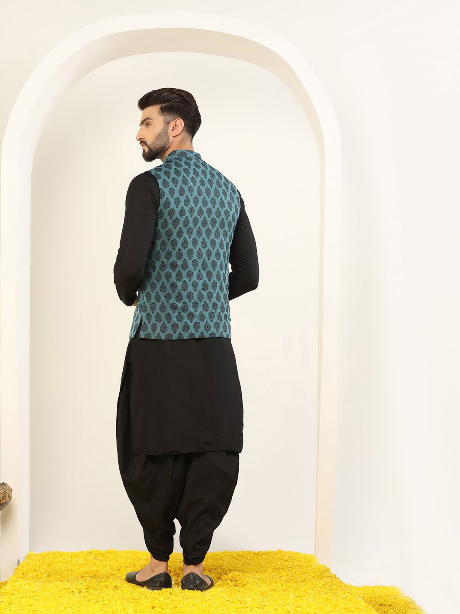 KISAH Blue & Black Regular Fit Self Design Kurta & Dhoti With Nehru Jacket