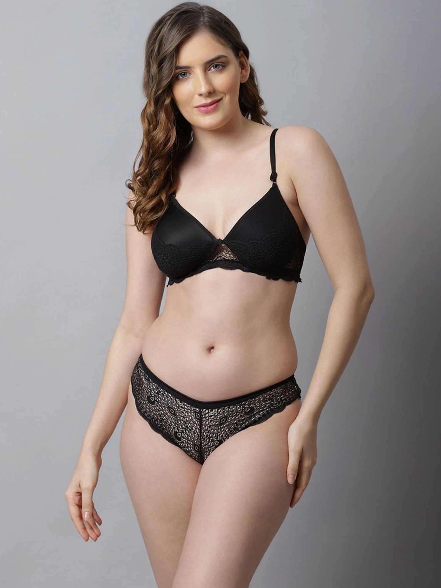 AROUSY Pink & Black Cotton Self Pattern Bra Panty Set - Pack Of 3