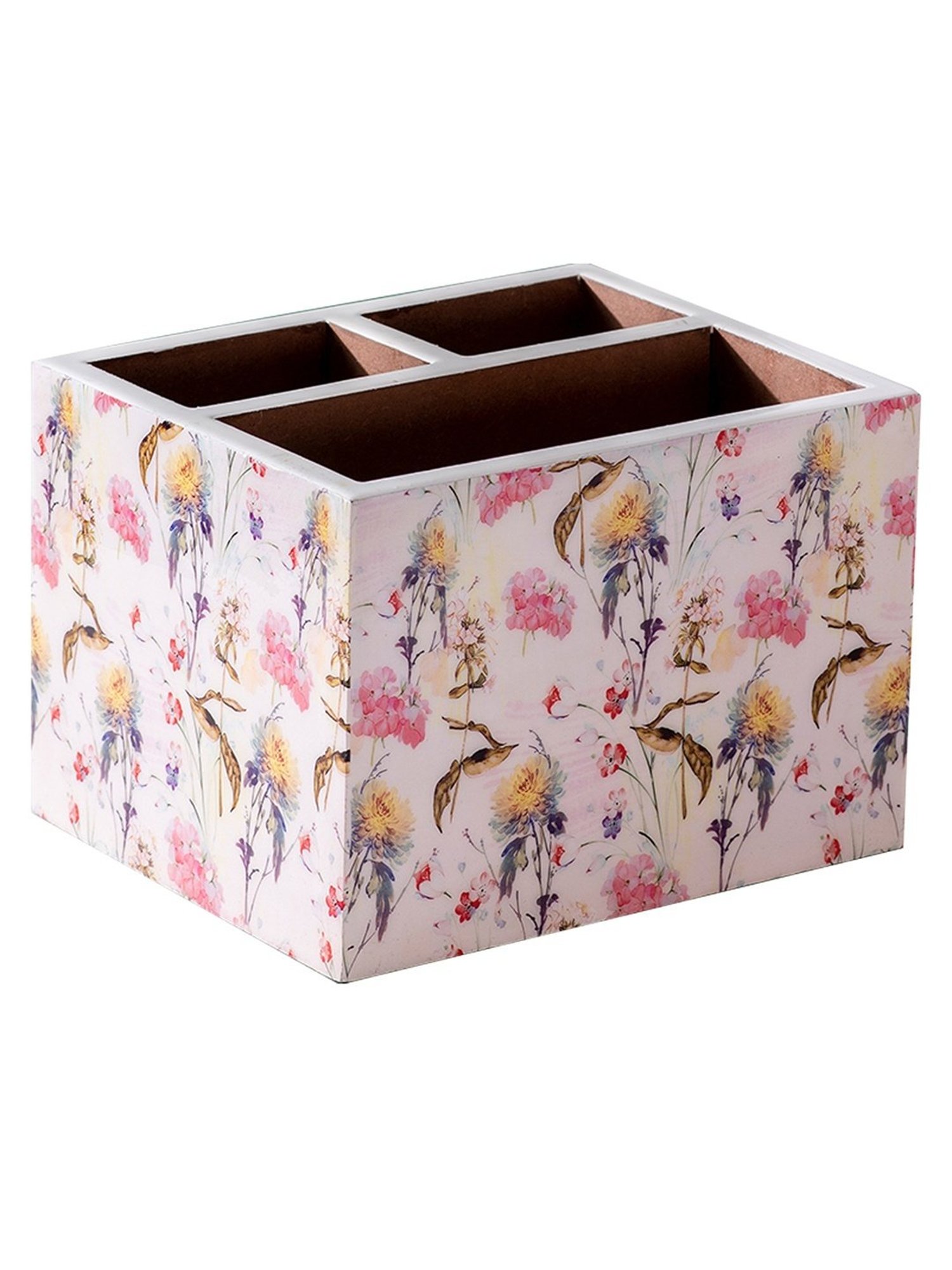 Nestroots Printed Pink Mango Wood 3 Section Cutlery Holder