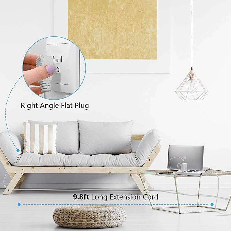 Flat Plug Power Strip 14AWG 15A Surge Protector  98ft Long Extension Cord 31A 4 USB Ports 6 Outlets Fast Charge Power Pack Fireproof Desktop Charger for iPhone Kindle Tablet Laptop PC White