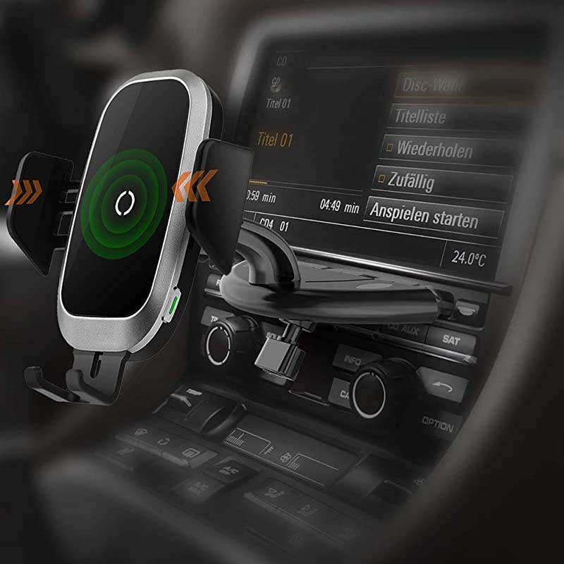 Car Charger CD Mount, Auto Clamping CD Player Phone Holder Air Vent Qi Charger Compatible with 11 Pro XS Max XR X 8 SE, Charger Mount for Samsung Galaxy S10 Plus S9 S8 S7 S6 Note 10 9