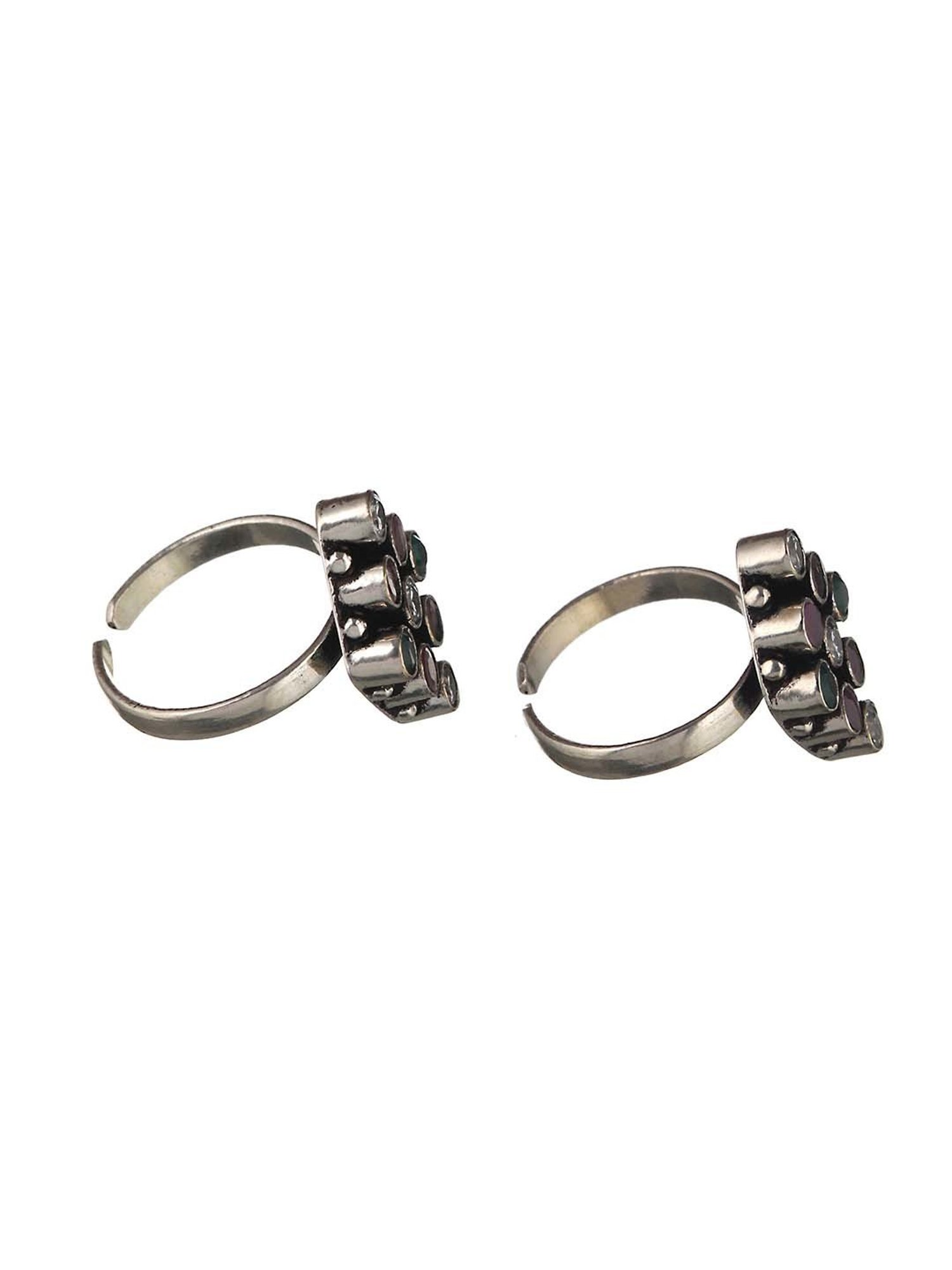 Saraf RS Jewellery Oxidized Multicolored AD Studded Adjustable Toe Rings - Set of 2