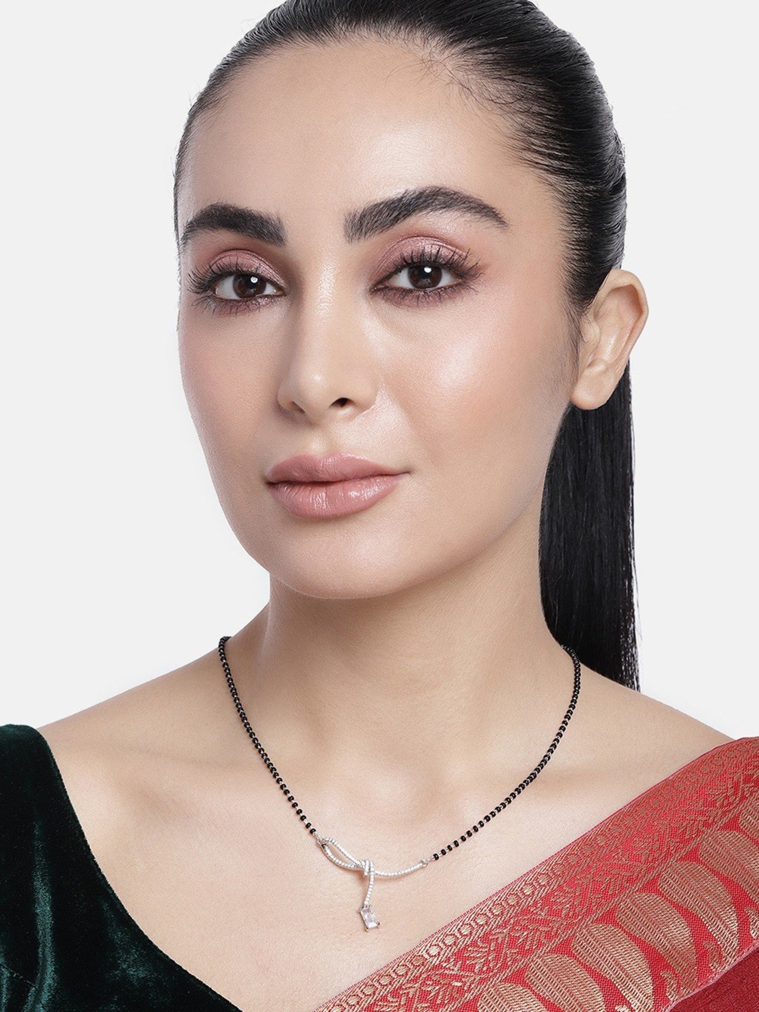 Abdesigns Silver-Plated American Diamond & Black Beaded Mangalsutra