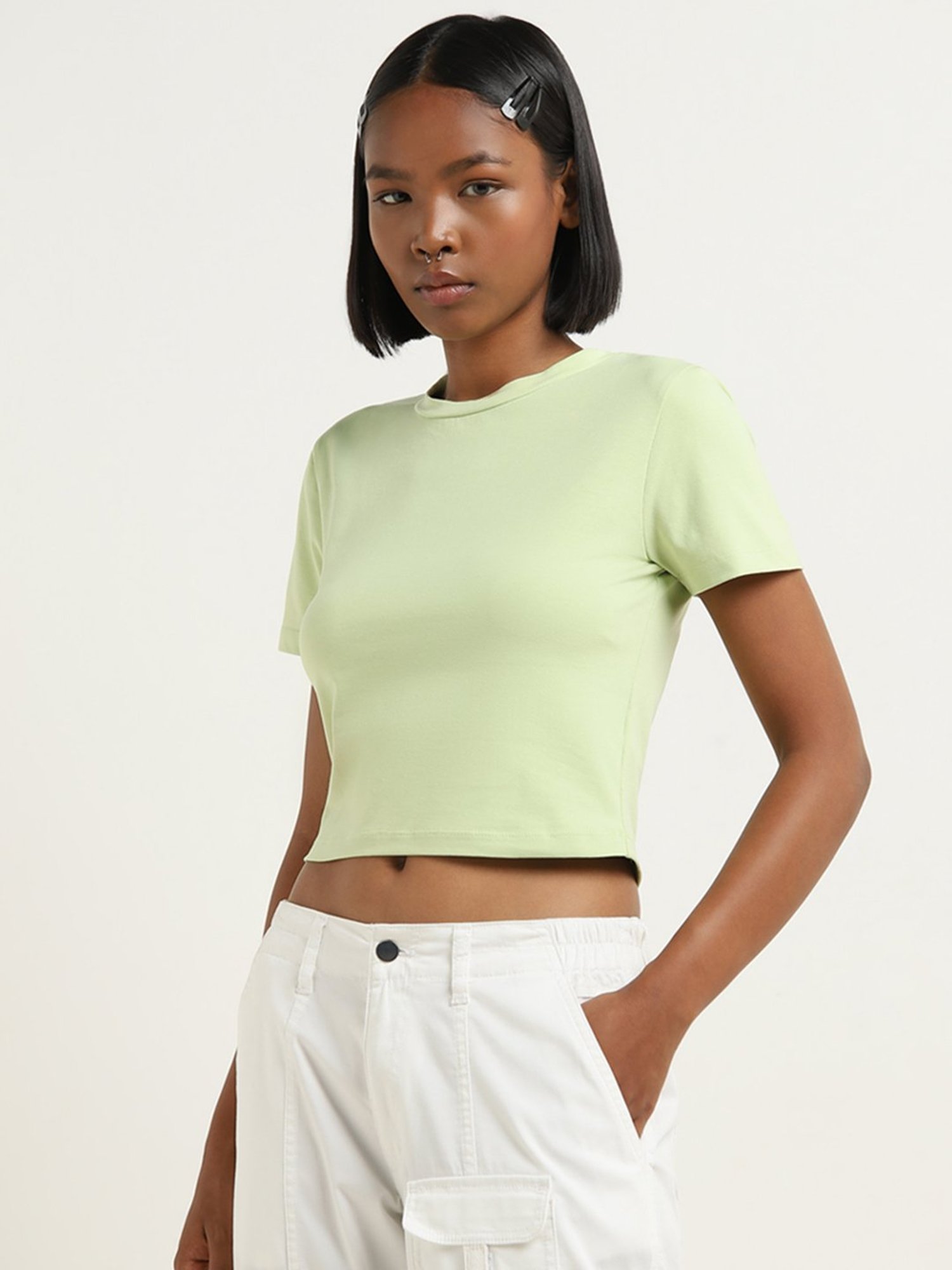 Nuon by Westside Lime Solid Cropped Cotton Blend T-Shirt