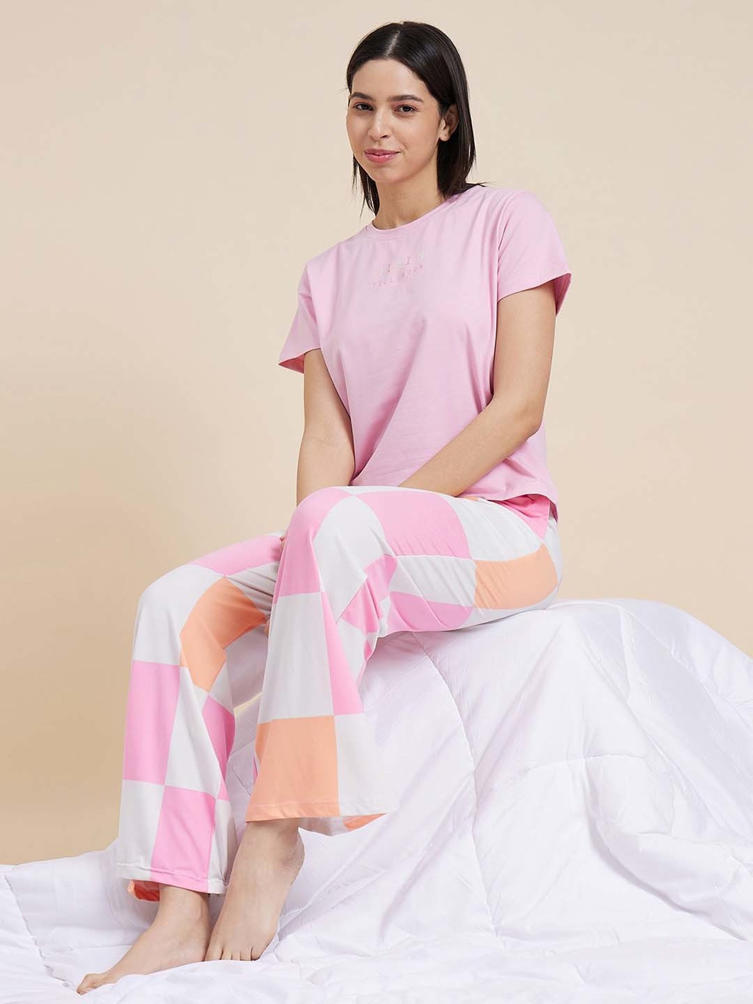 Sweet Dreams Pink & White Cotton Chequered T-Shirt Pyjama Set