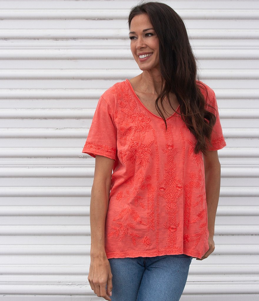 Karyn Seo Dolly V-Neck Tonal Embroidered Cotton T-Shirt