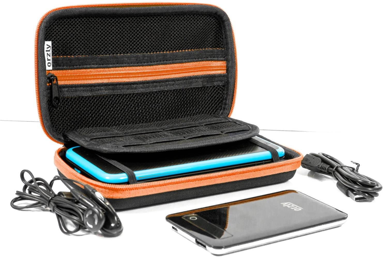2DS XL Case, Orzly Carry Case for New Nintendo 2DS XL - Protective Hard Shell Portable Travel Case Pouch for New 2DS XL Console with Slots for Games & Zip Pocket - Orange on Black
