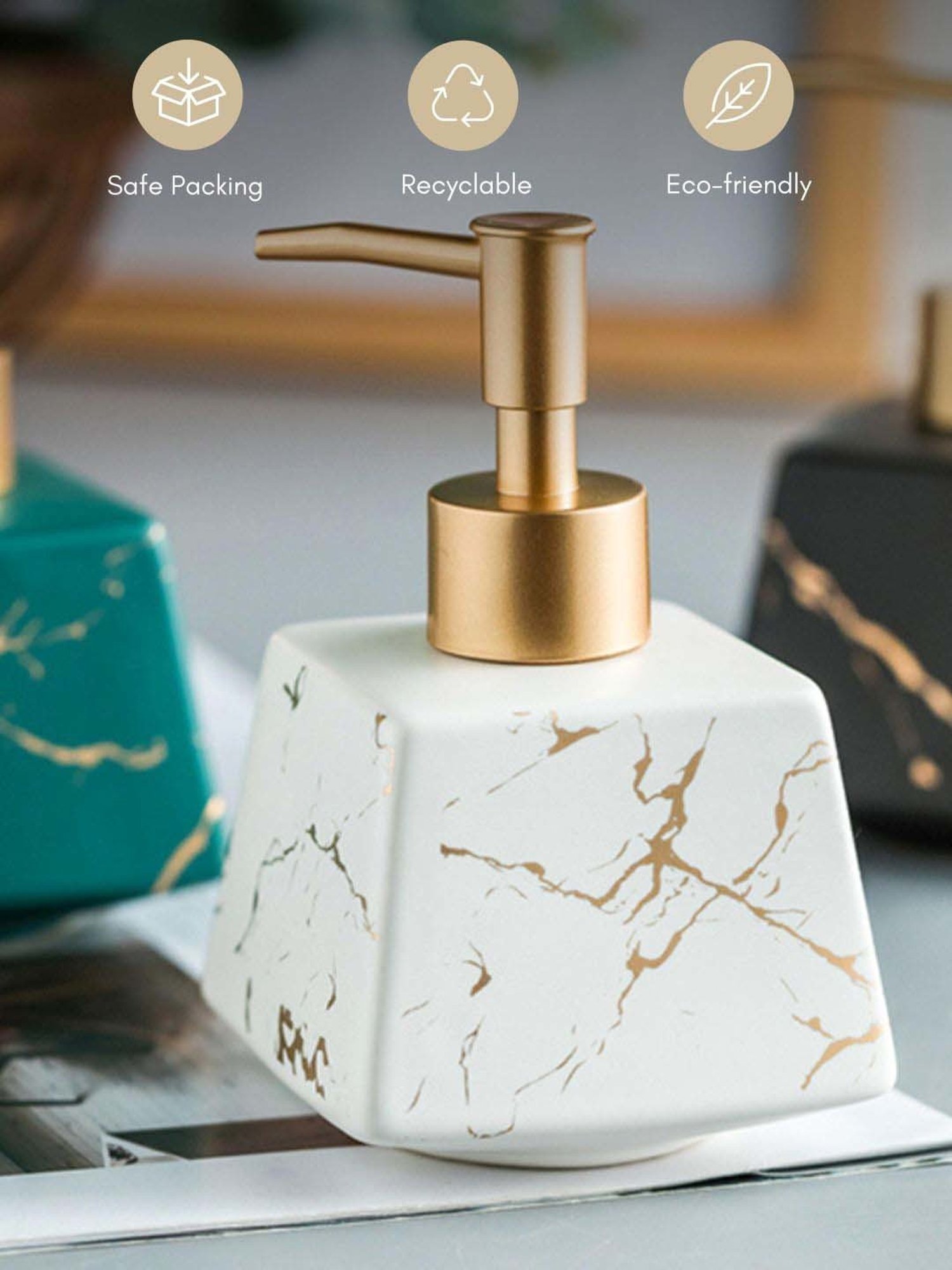 Nestasia premium quality ceramic white with golden splash lotion bottle with metal nozzle (260 ml)