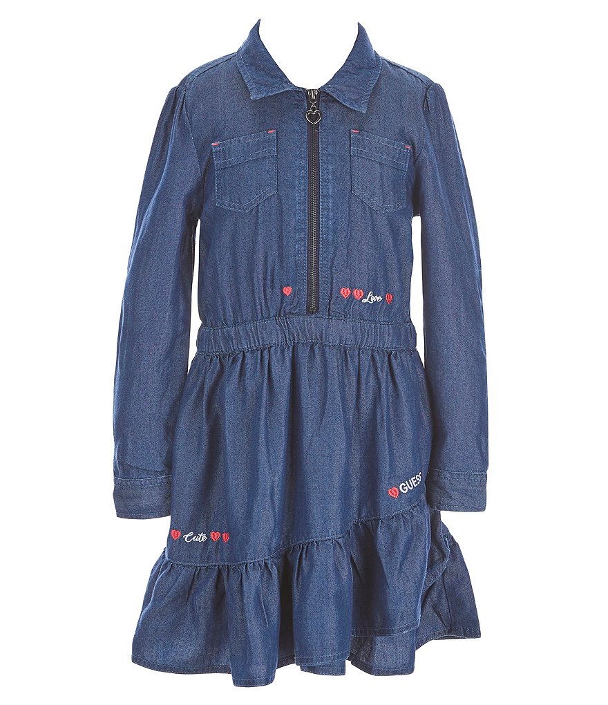 Guess Little Girls 2T-7 Long-Sleeve Ruffled Faux-Wrap Hem Denim Dress
