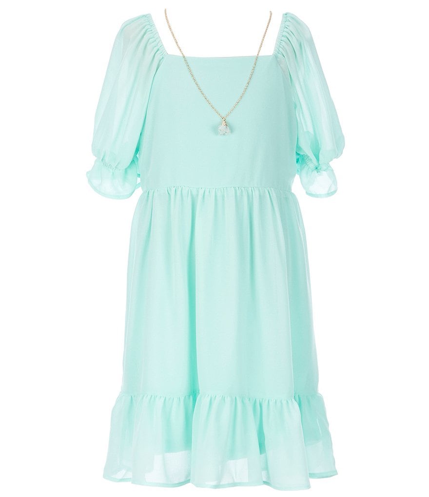 I.N. Girl 7-16 Puffed Ruffled Sleeve Solid Georgette Fit-And-Flare Dress