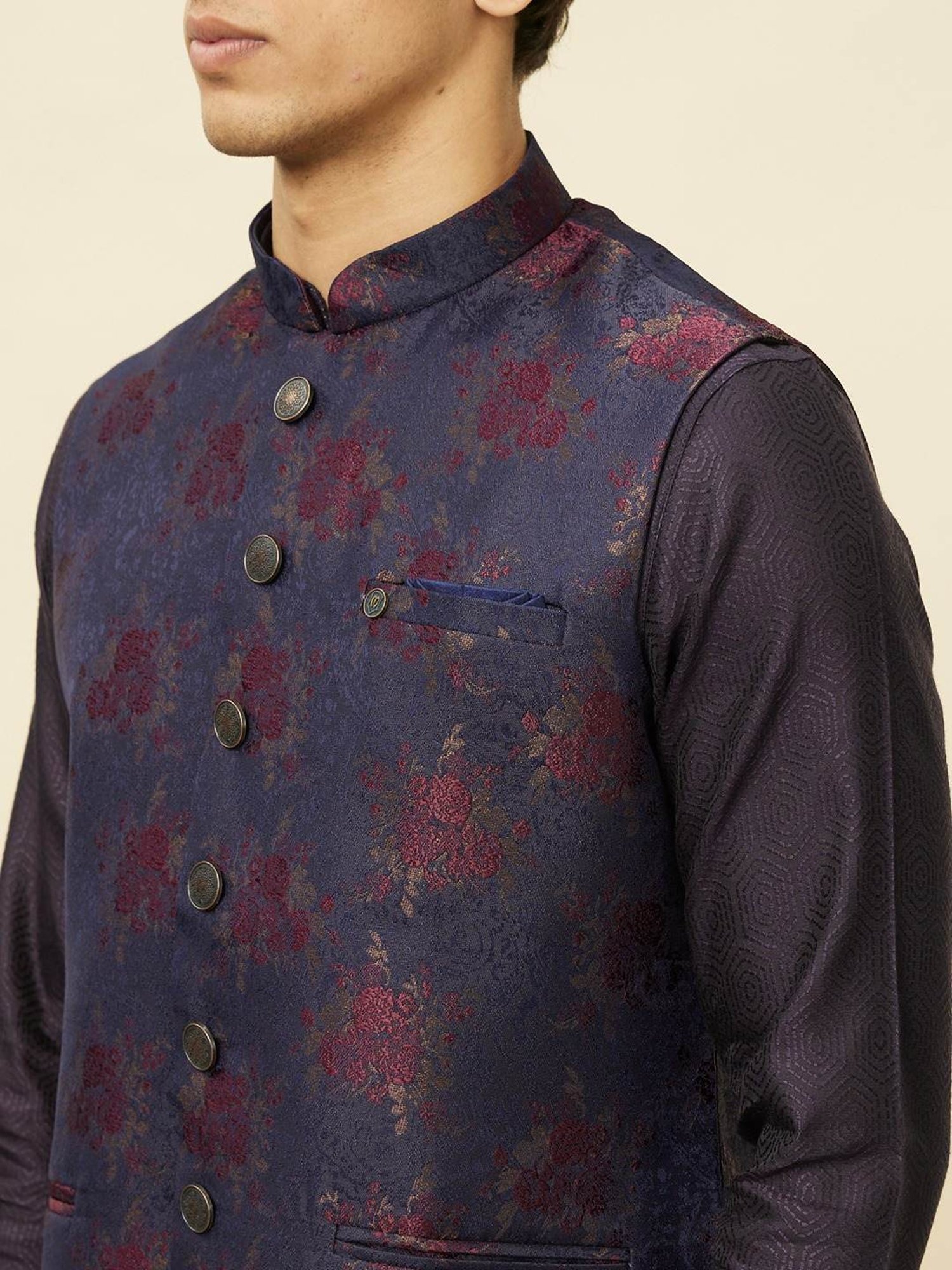 Manyavar Blue Regular Fit Self Pattern Nehru Jacket