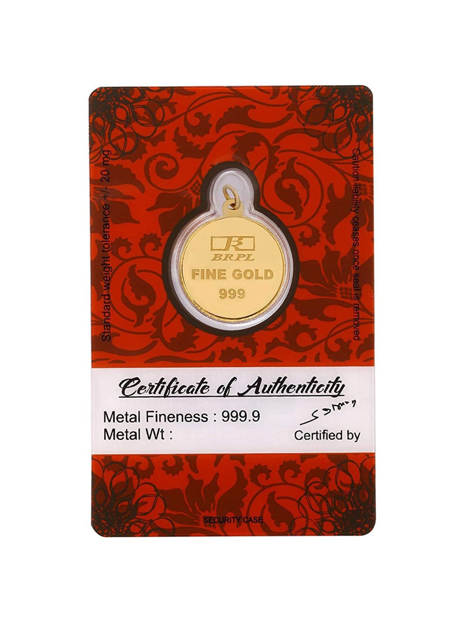 Bangalore Refinery Ganesha 24k (999) 2.5gm Gold Coin cum Pendant