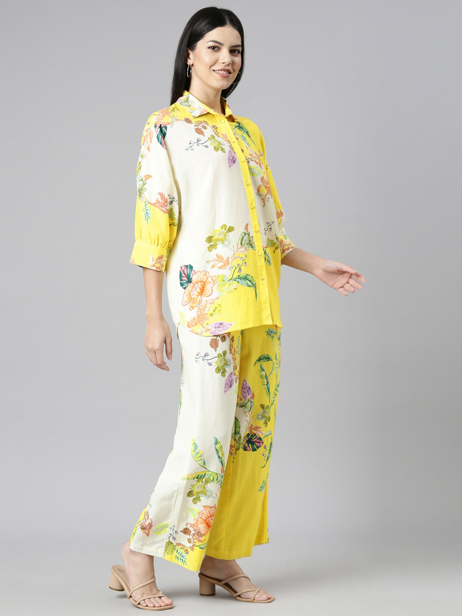 Zolo Label Yellow Floral Print Shirt Pant Set