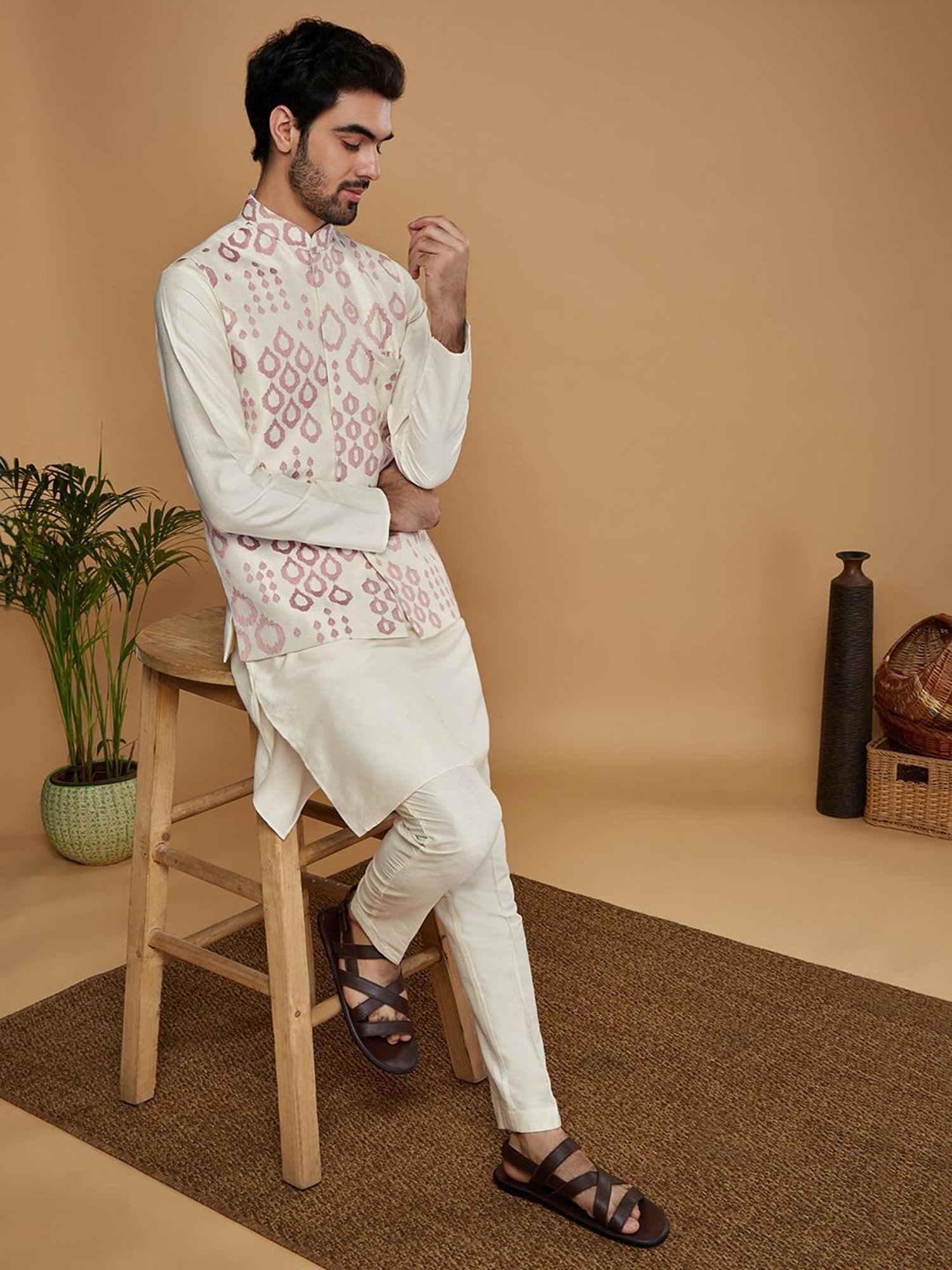 Kisah White Regular Fit Embellished Nehru Jacket
