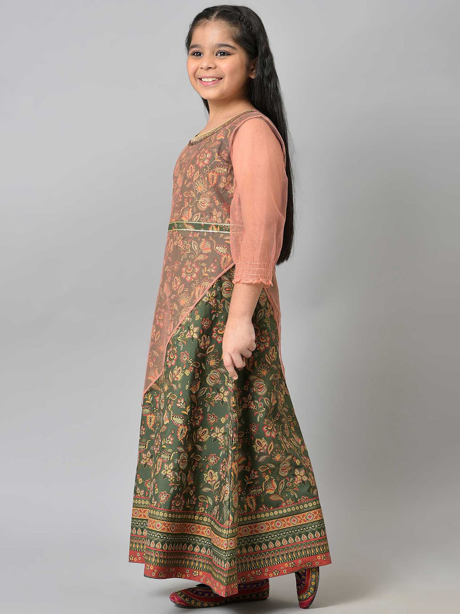 Aurelia Kids Green & Peach Floral Print Dress