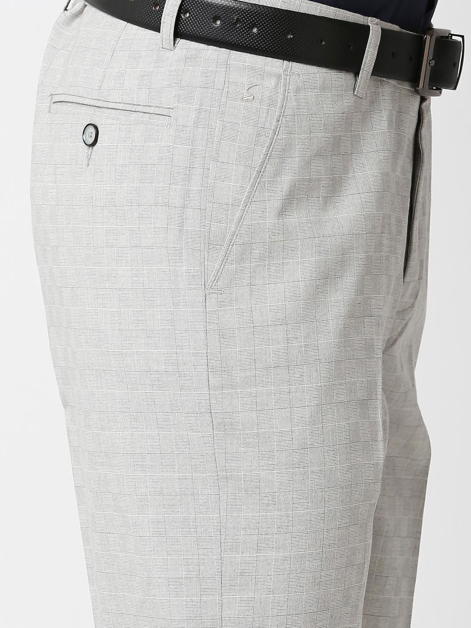 SOLEMIO Light Grey Slim Fit Check Flat Front Trousers