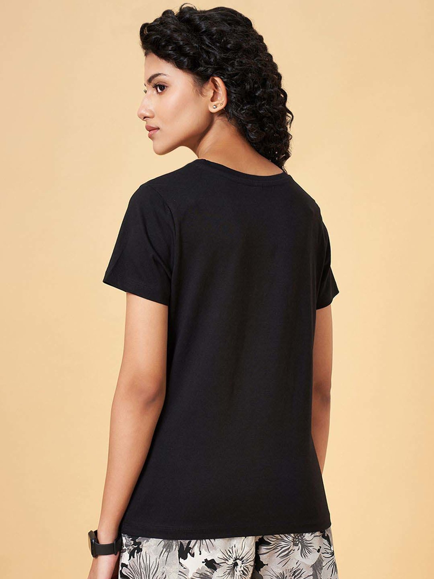 Ajile by Pantaloons Jet Black Cotton Printed T-Shirt