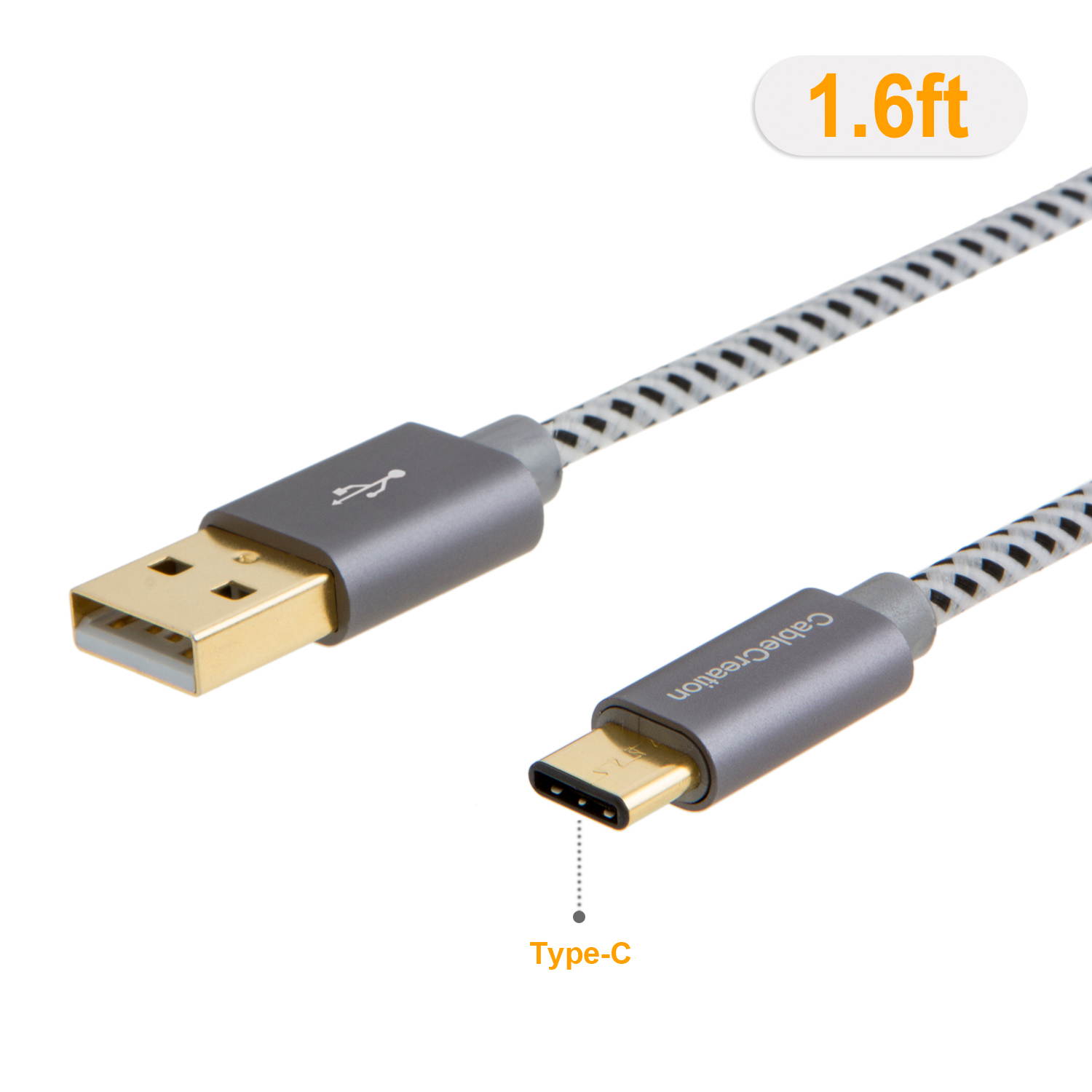 USB Type C Cable,CableCreation 1.6ft Braided Type C (USB-C) to standard USB A Cable for Nexus 6P,OnePlus,Nexus 5X ,the New Macbook 12 inches & More, Gray[New Version 56K Ohm Resistance]