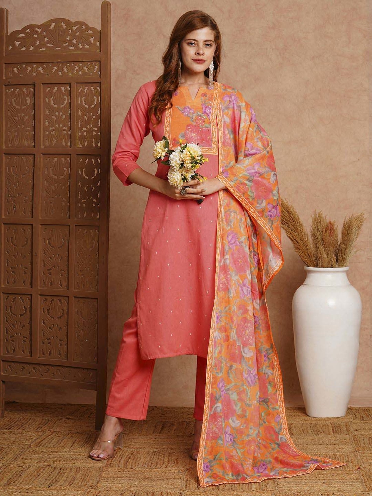 Fashor Coral Cotton Printed Kurta & Pant Set With Dupatta