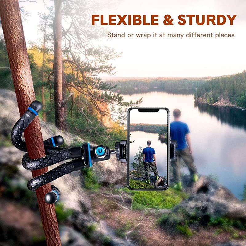 Flexible Cell Phone Tripod, Mini Travel Tripod Stand with Wireless Remote Shutter, Universal Adapter Compatible with iPhone, Android, GoPro, DSLR, Action Camera. (Blue)