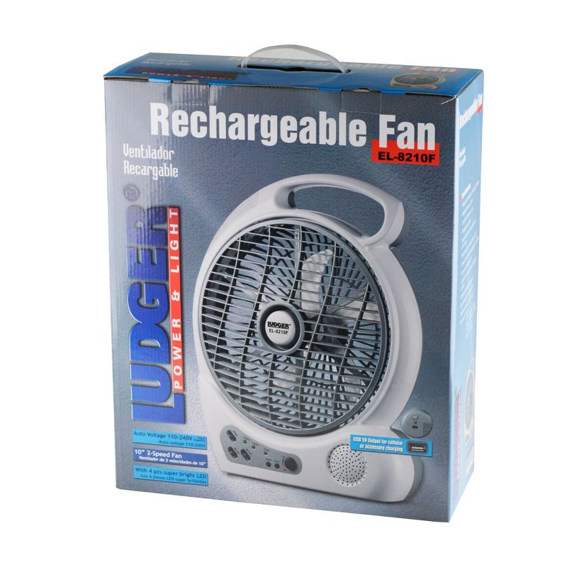 Ludger Power and Light EL-8210F Portable 10 Inch Rechargeable Utility Fan with LED Lights and FM Radio for Hunting, Camping, and Survival Gear