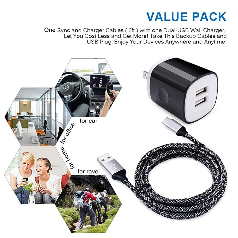 USB C Charger,  Dual Port 2.1A Charger Block Plug with 6ft Type C Fast Charging Cable for Samsung Galaxy S21 S20 Note 21 20 Ultra S10 A50, LG Stylo 6/5/4 G8 G7 ThinQ, Moto G9 G8 G7,OnePlus 7 6T