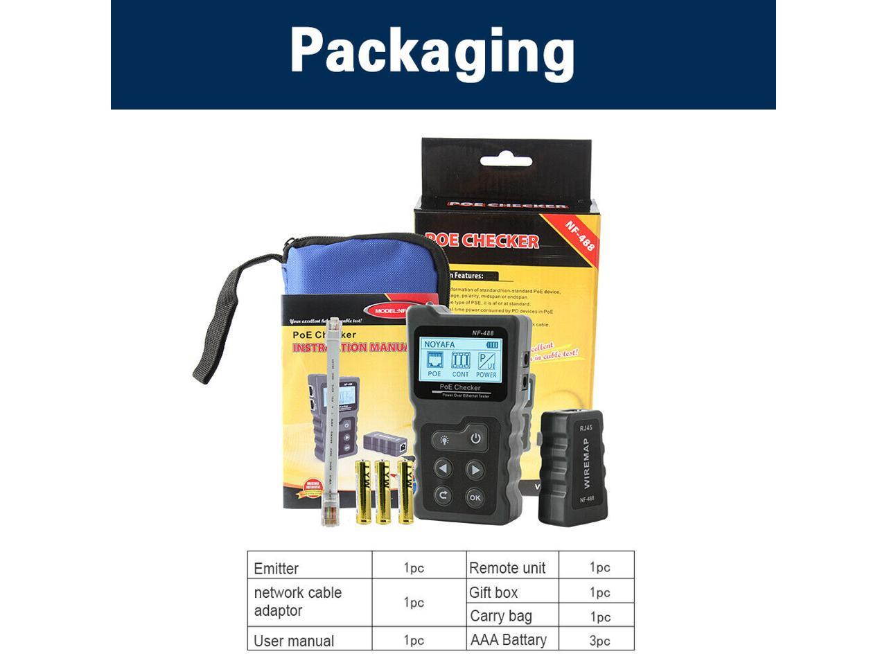 Noyafa NF-488 Inline PoE Voltage and Current Tester with Cable Tester Test polarity  Identify the type of PSE ,Identify the type of PSE, it is af or at standard.