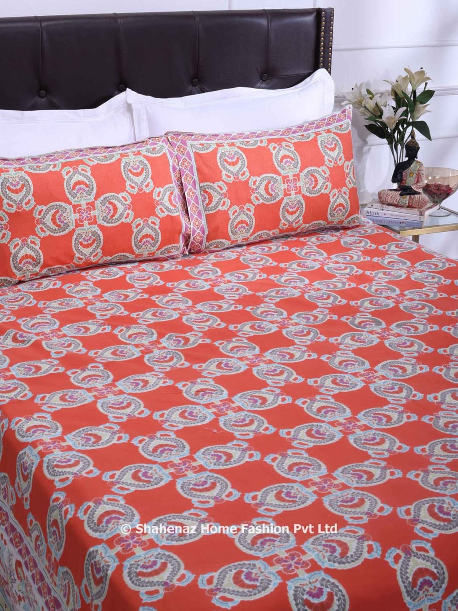 Shahenaz Orange 120 TC Cotton Azia Double Bedsheet with 2 Pillow Covers