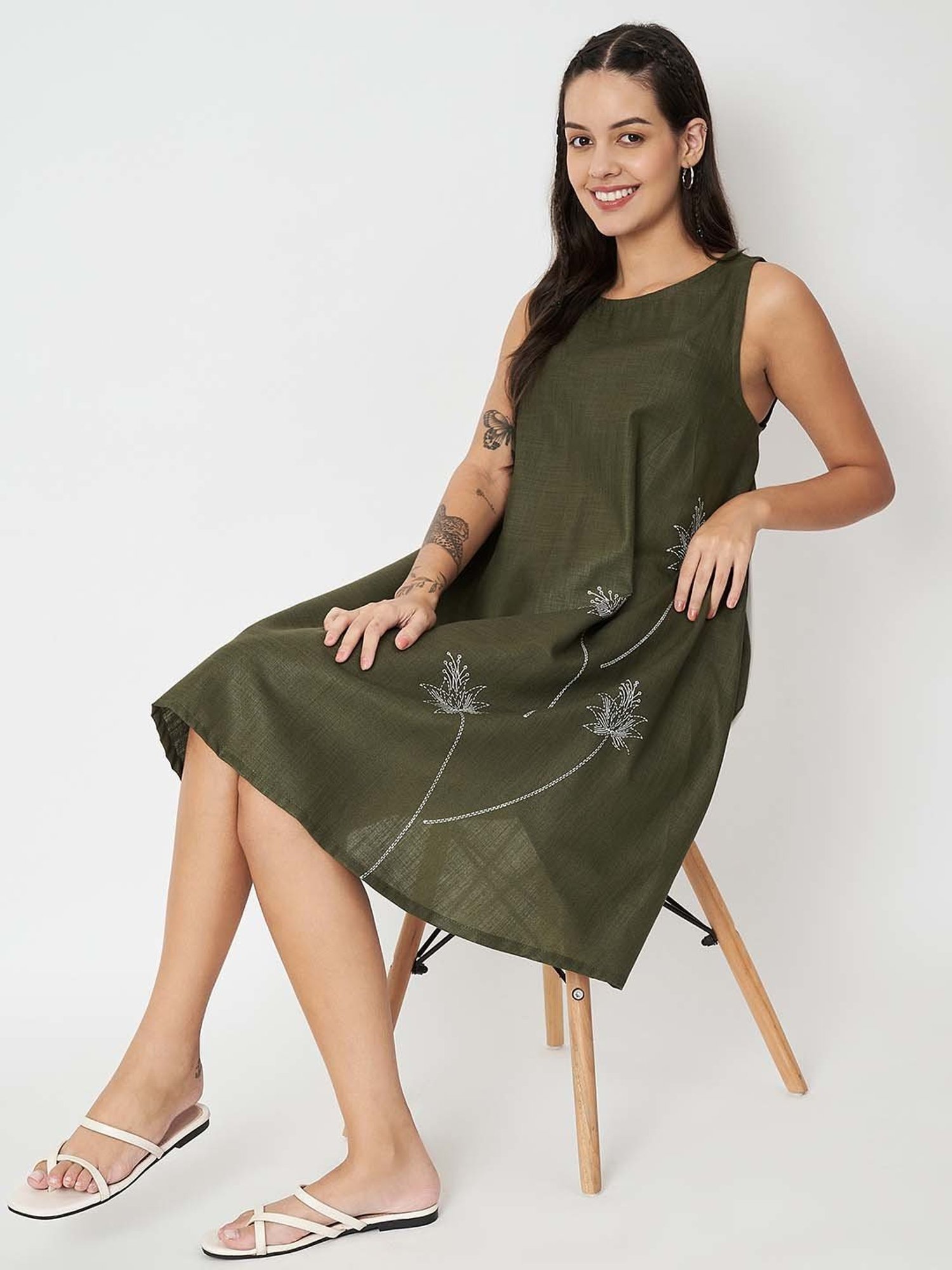 9rasa Olive Printed A Line Ethnic Dress