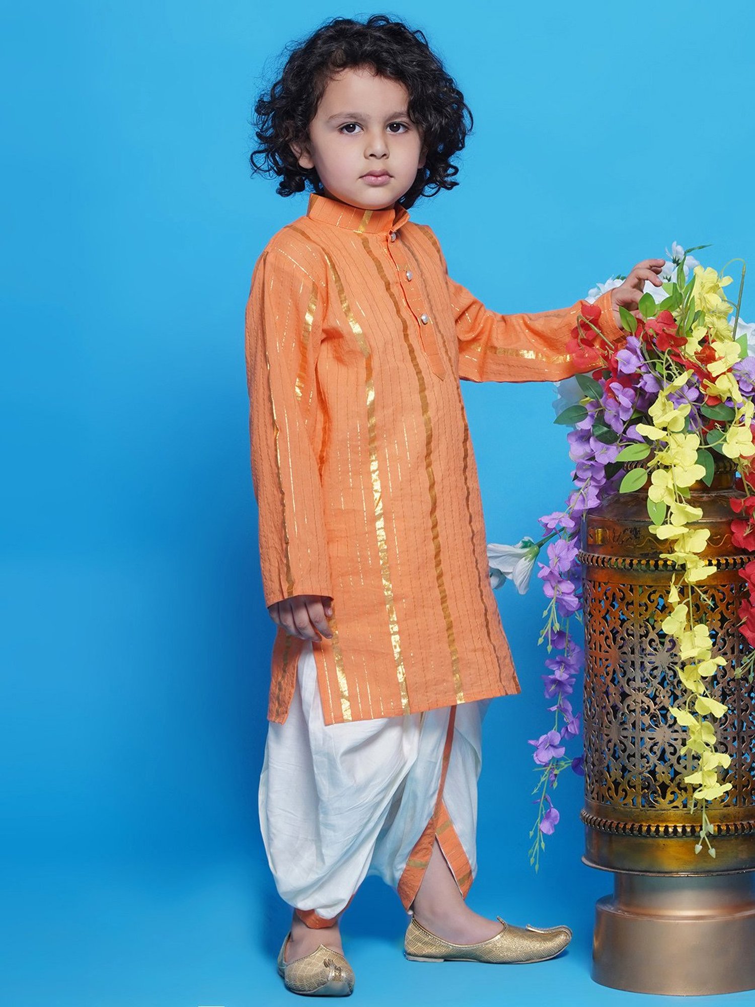 Little Bansi Kids Orange & White Self Design Full Sleeves Kurta with Dhoti